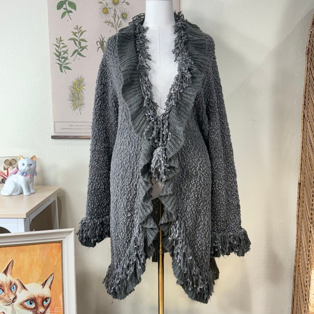 Y2k Gray Fringe Ruffle Cardigan Sweater Gloomy Coquette Mori Kei Fairy Grunge 1X